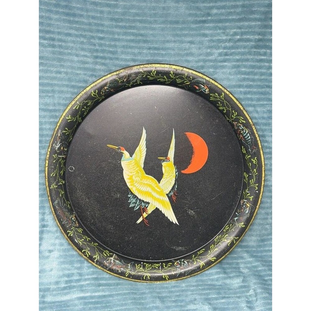 MCM Black Tin Serving Tray, Two Cranes in Moonlight, Japanese Chinoiserie Art